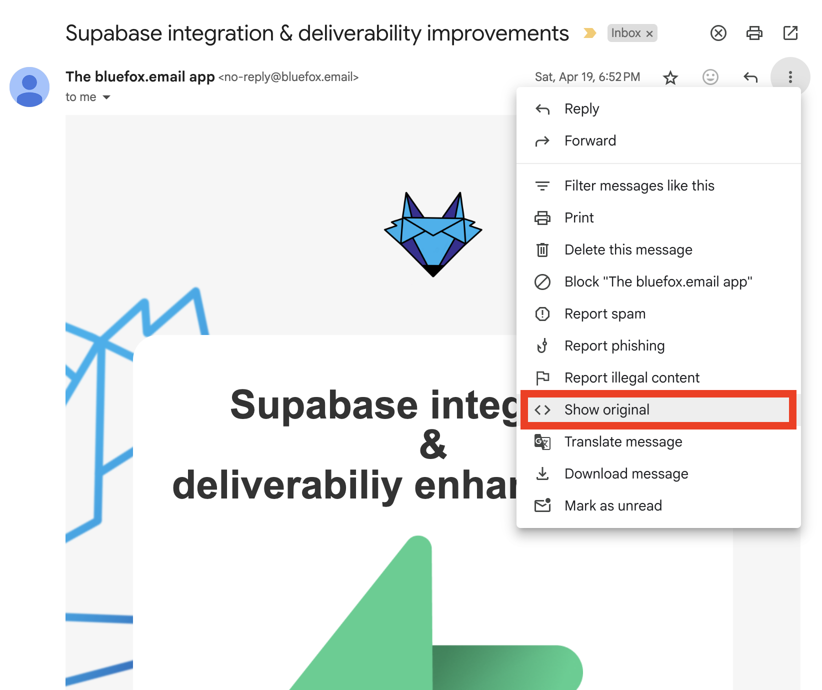 Screenshot of an email in Gmail with show original highlighted