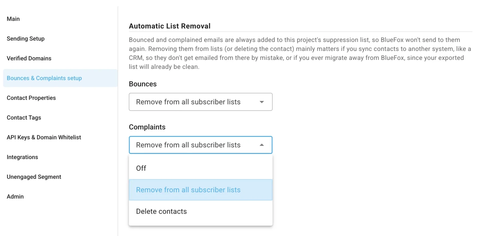 Project settings for bounces and complaints, showing the automatic list removal options