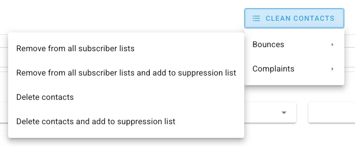 The Clean Contacts button, with options to remove or delete bounced or complained contacts, and optionally add them to the suppression list