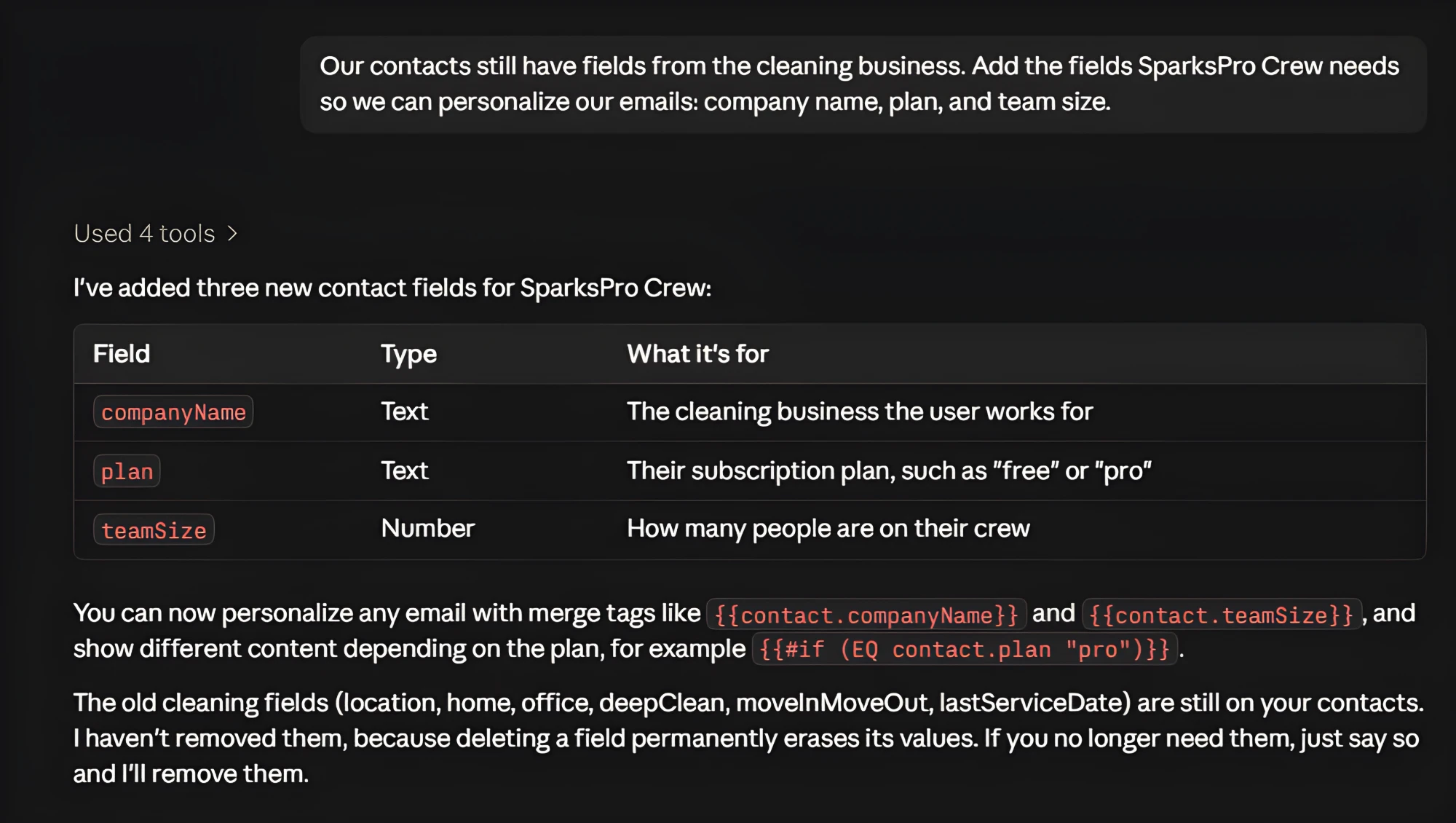 The AI agent adding the companyName, plan, and teamSize contact fields and explaining how to use them as merge tags.
