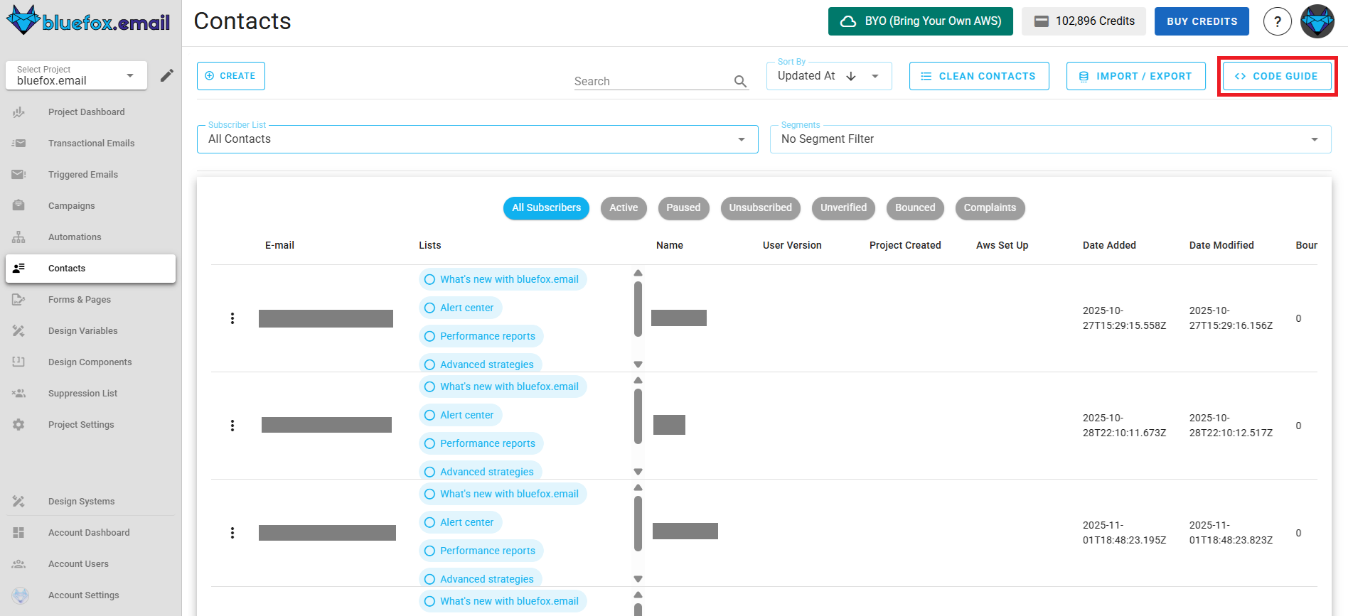 Screenshot of the highlighted code guide button in contacts.