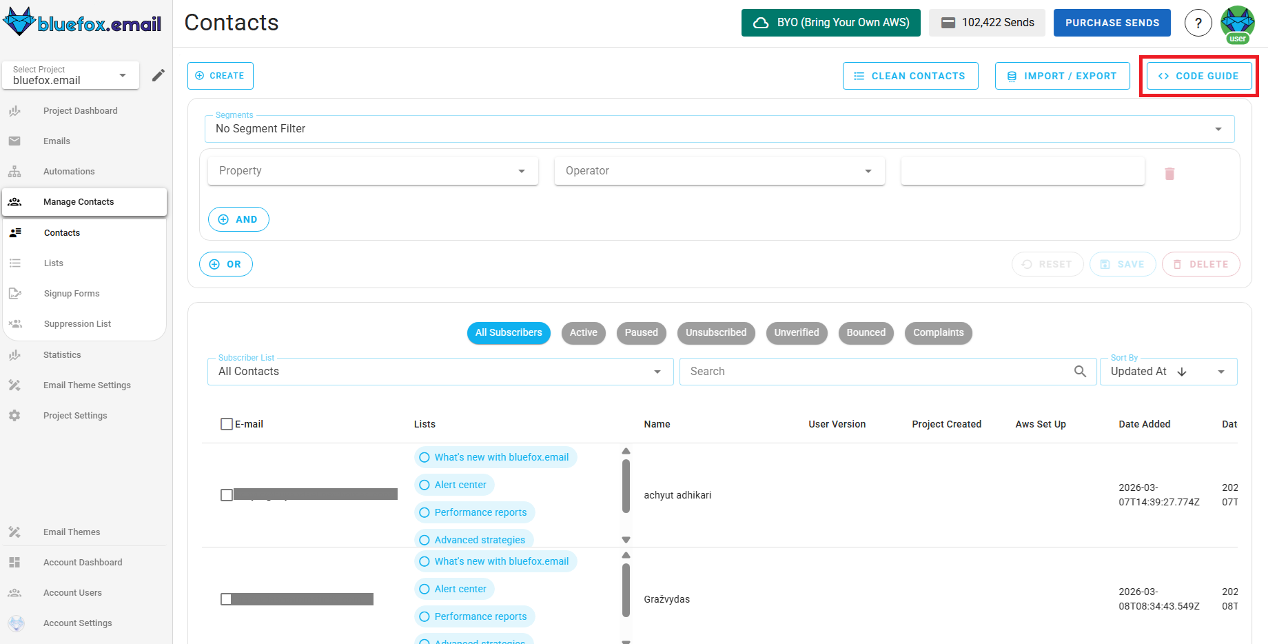 Screenshot of the highlighted code guide button in contacts.
