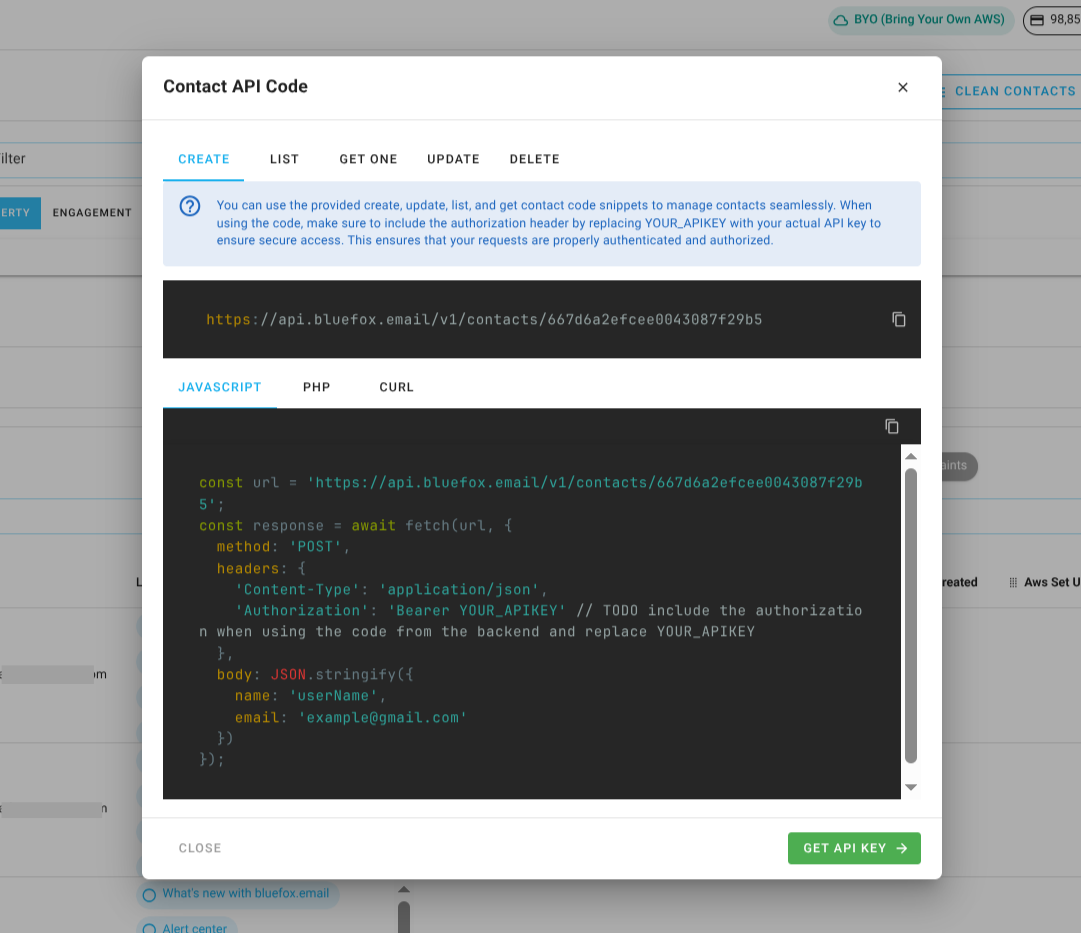 Screenshot of the code guide dialog for creating a contact.