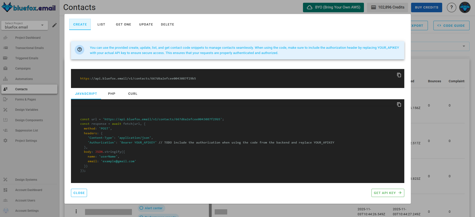 Screenshot of the code guide dialog for creating a contact.