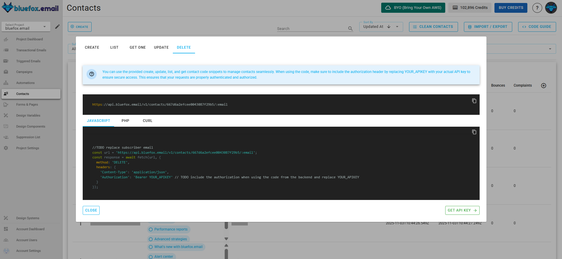 Screenshot of the code guide dialog for deleting a contact.