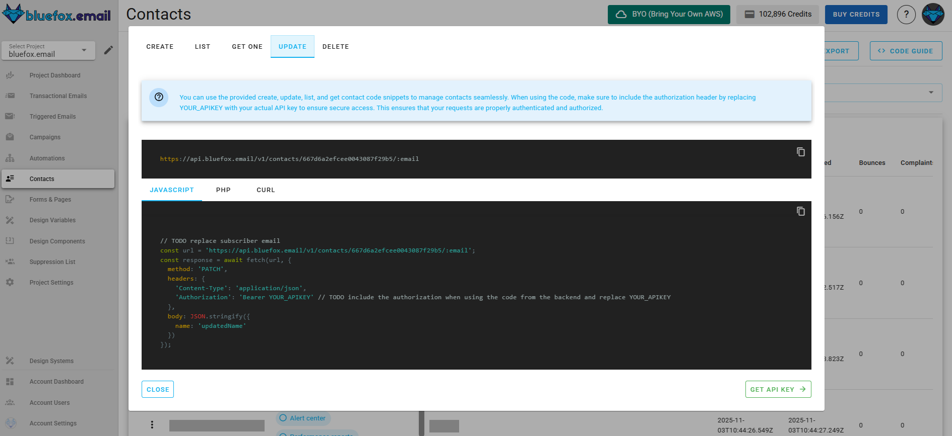 Screenshot of the code guide dialog for updating a contact.