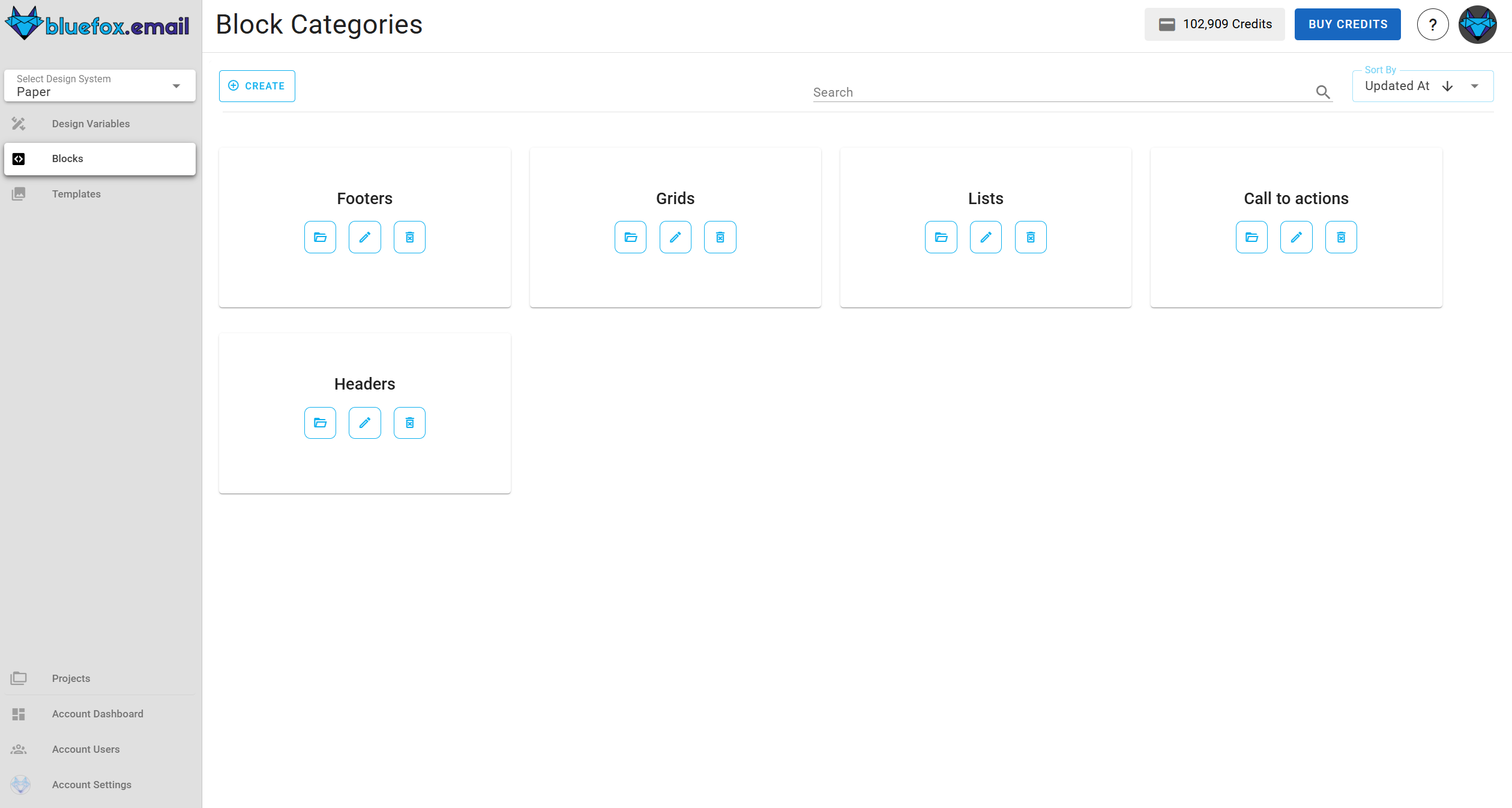 A screenshot of the design system block categories lists.