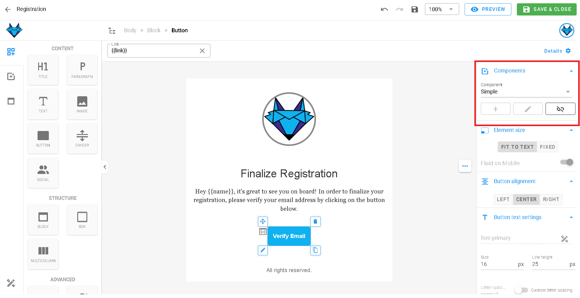 A screenshot of the design system components button insertion.
