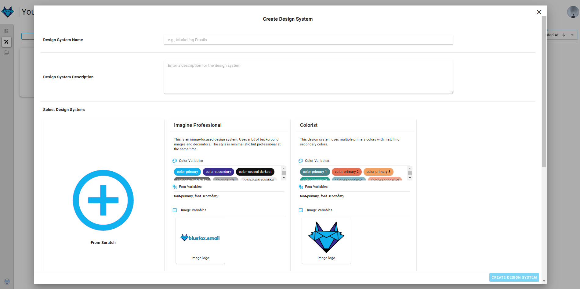 A screenshot of the design system create dialog.