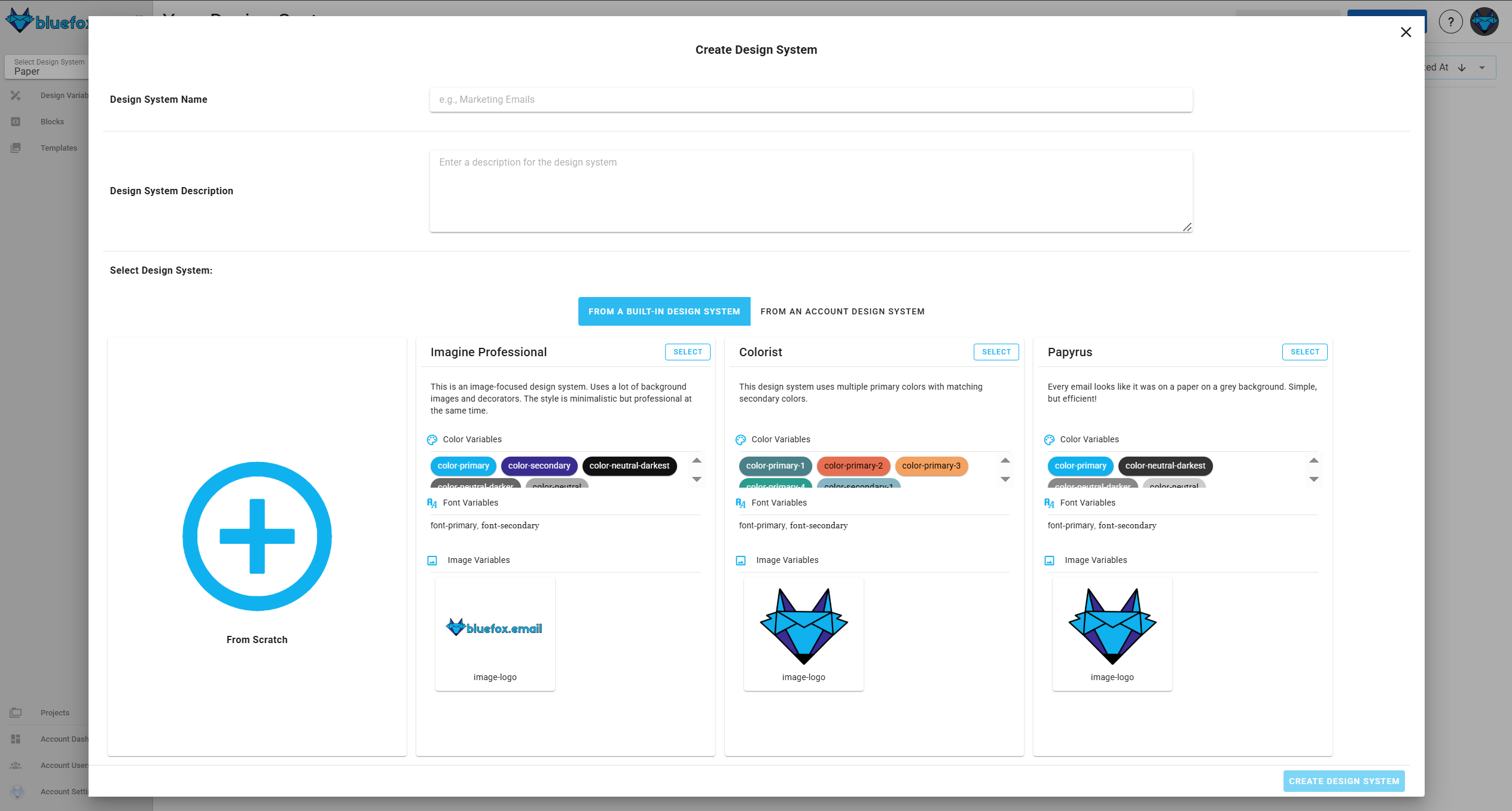 A screenshot of the design system create dialog.
