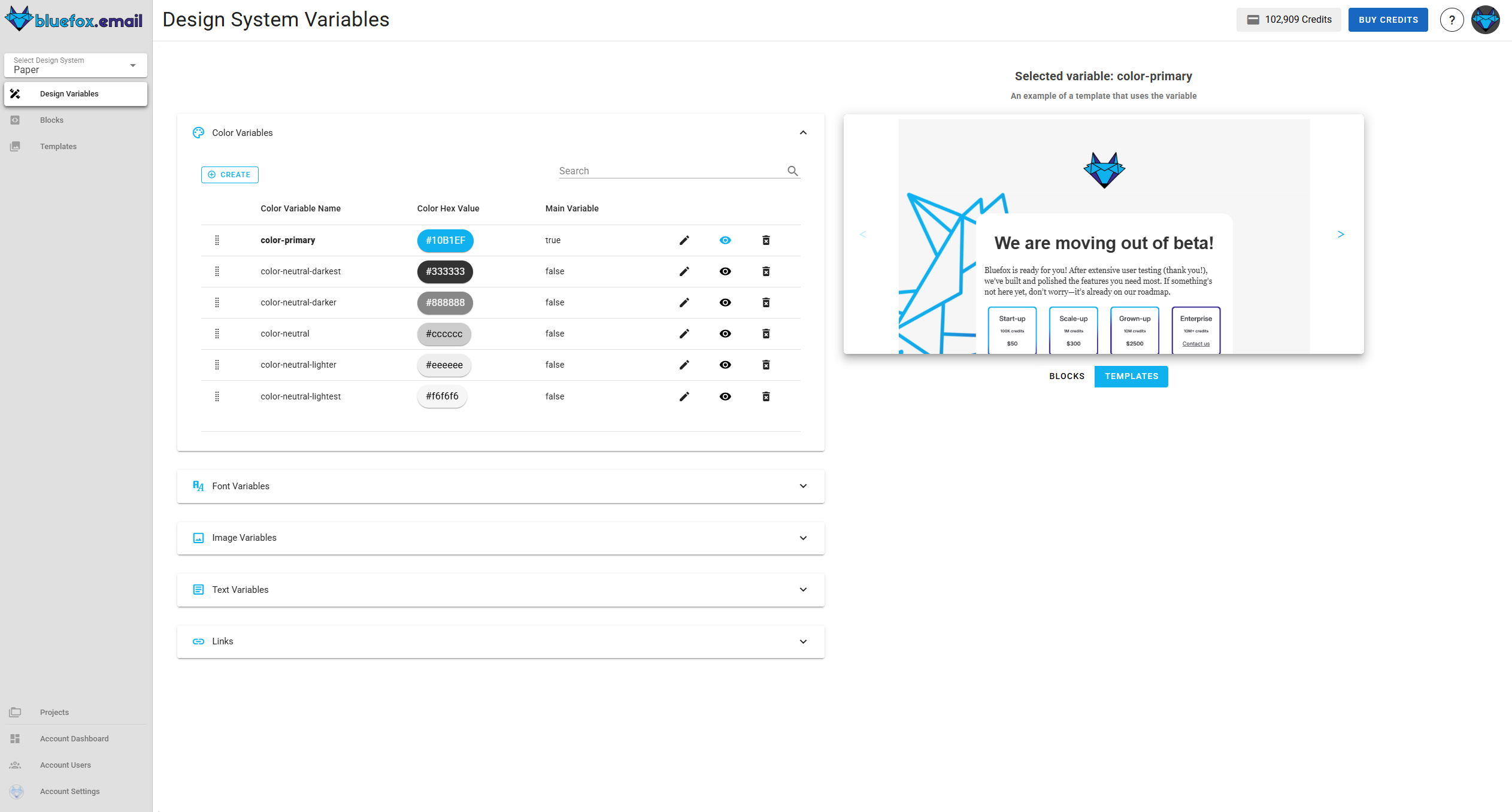 A screenshot of the design system variables section.