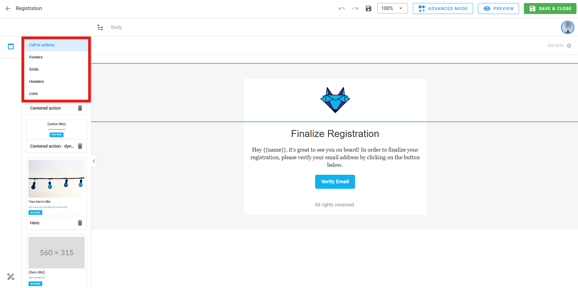 A screenshot of the email theme block categories lists editor.