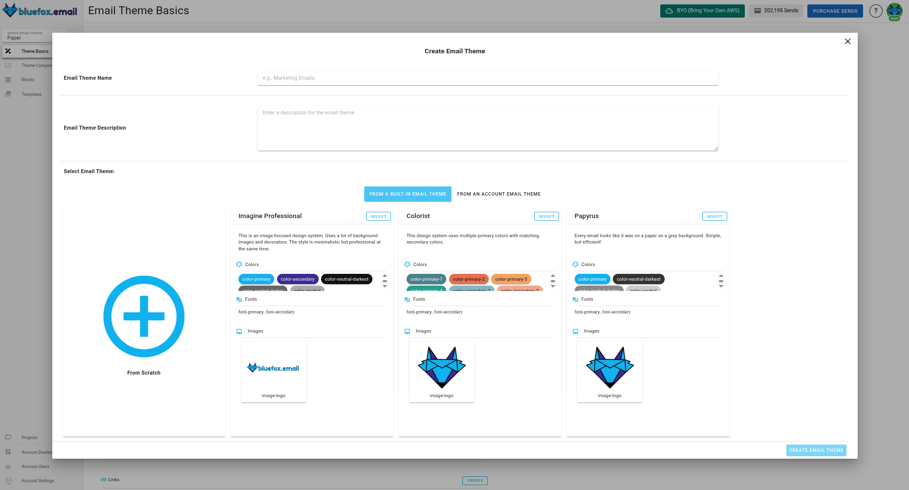 A screenshot of the email theme create dialog.