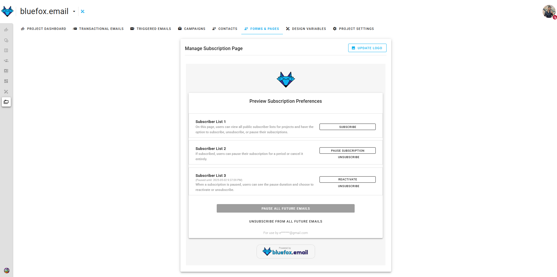 Subscriber lists - subscription preferences button.