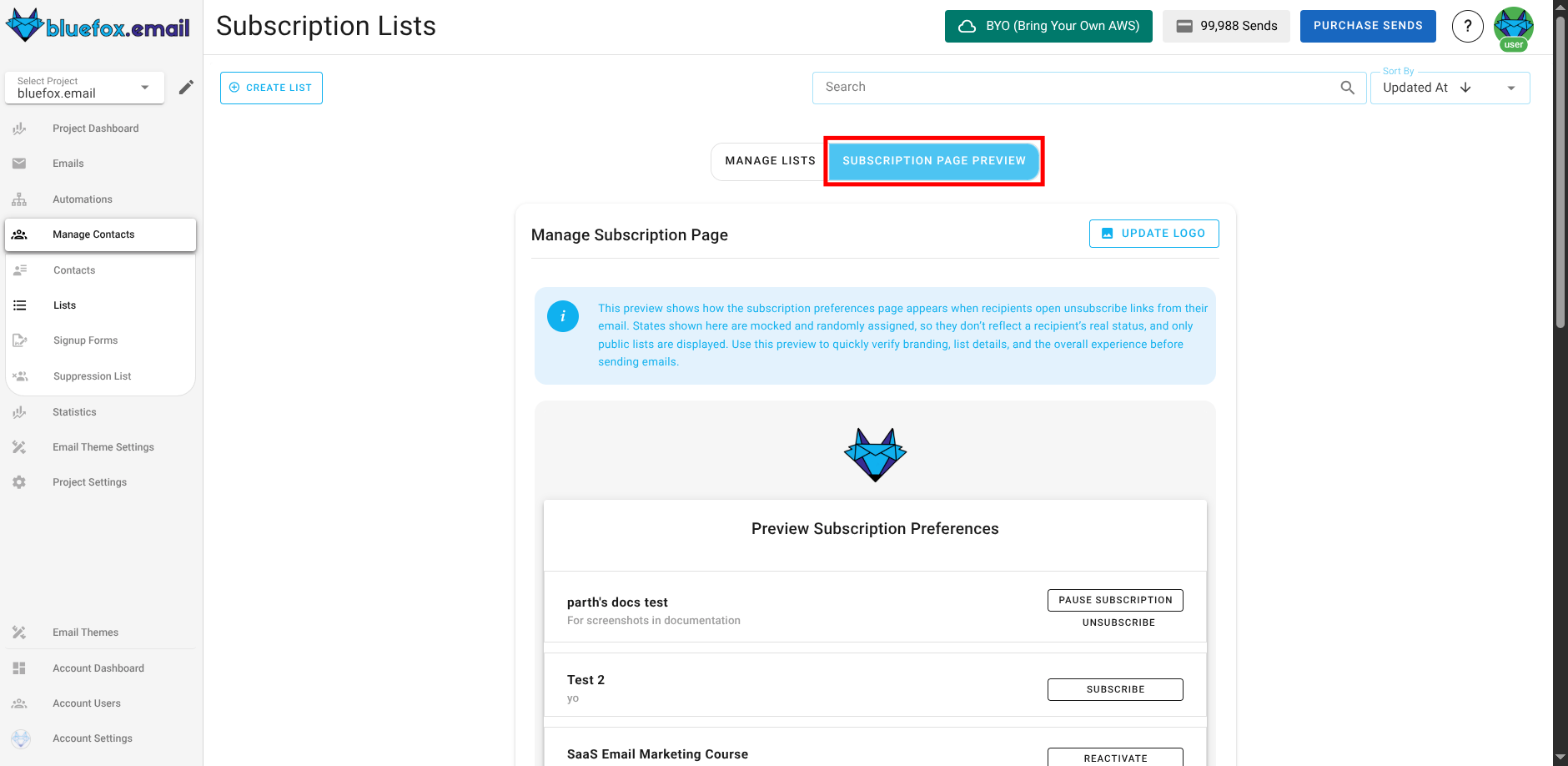 Subscriber lists - subscription preferences button.