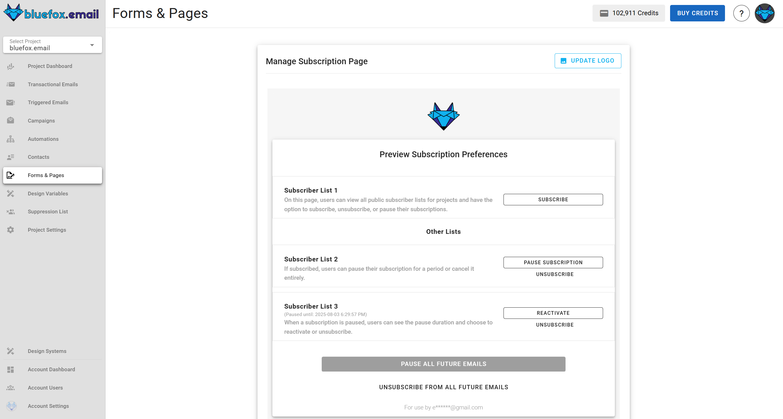 Subscriber lists - subscription preferences button.