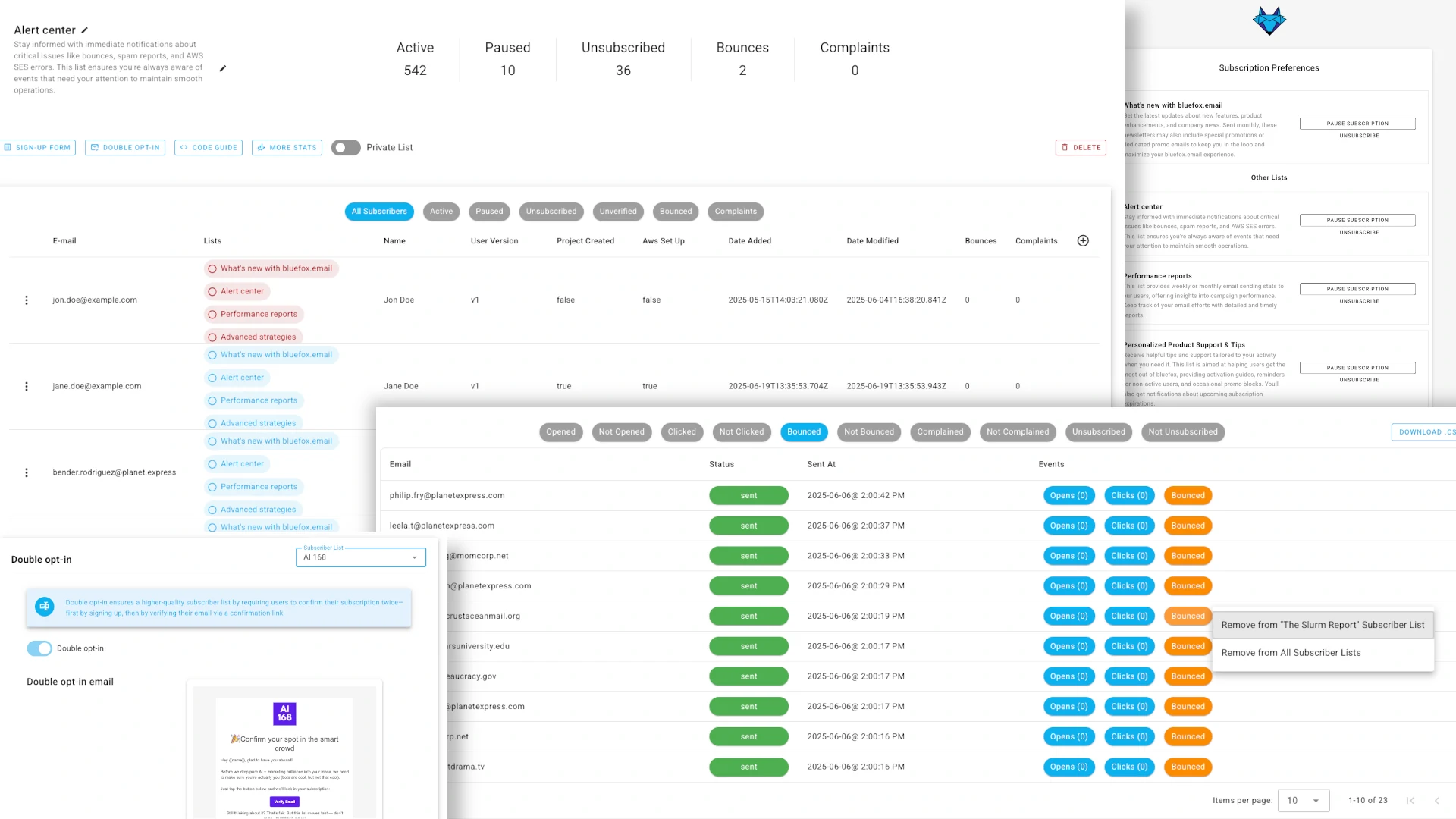 List management dashboard showing compliance features including double opt-in, unsubscribe management, and automated suppression lists
