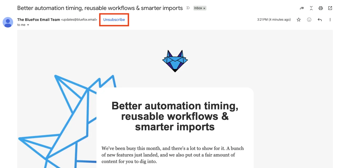 Gmail showing its built-in one-click Unsubscribe link next to the sender's name