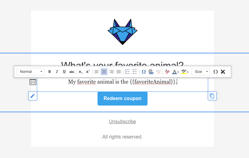 Simple merge tag example in the editor.