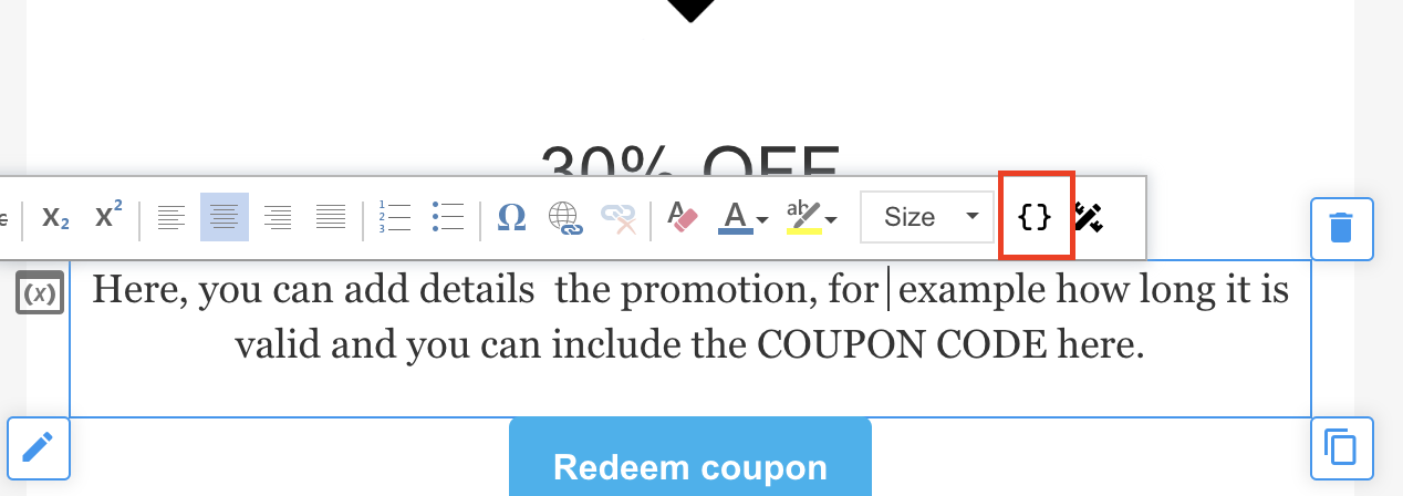 Editing a text element - merge tag icon highlighted.