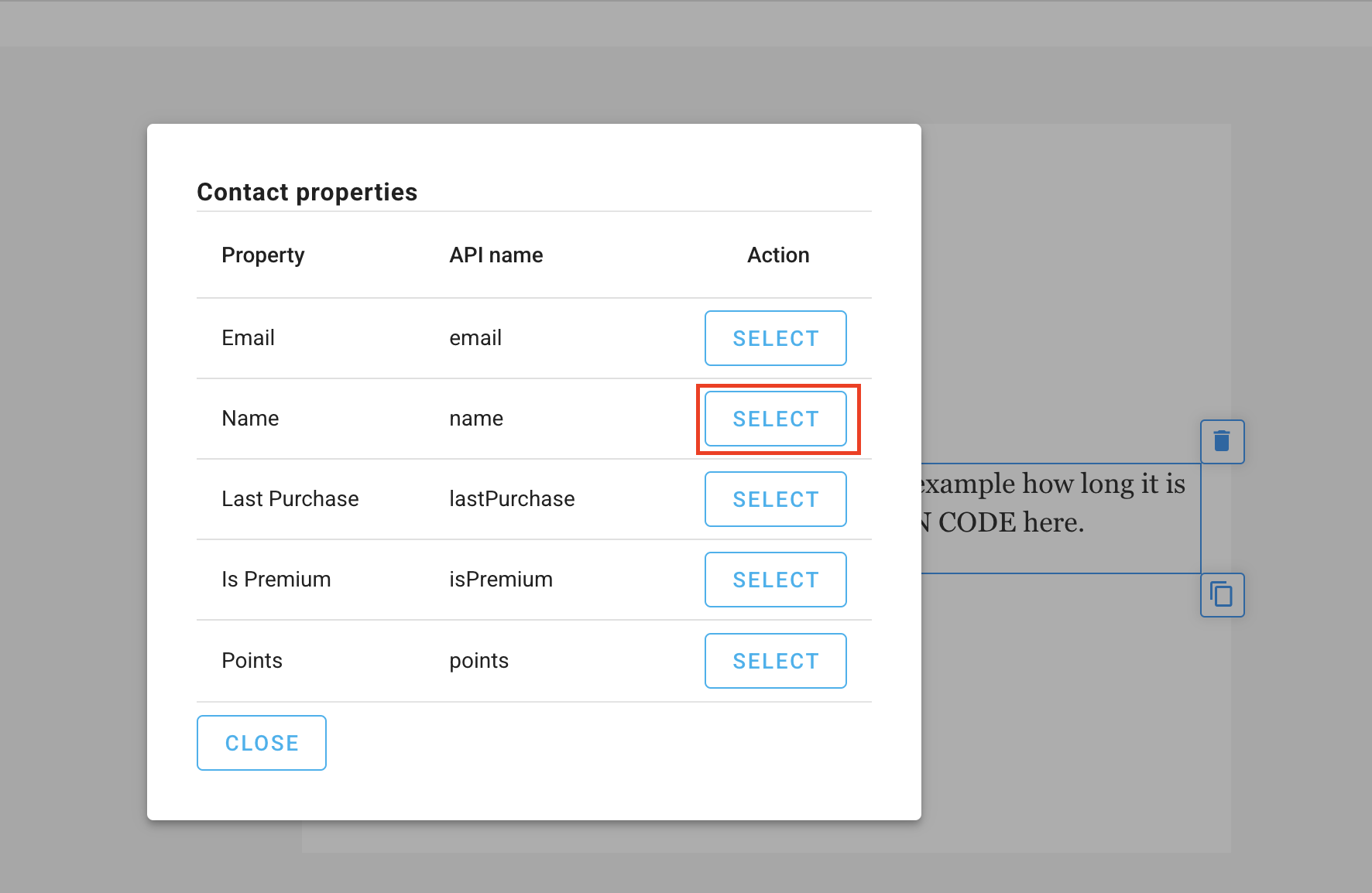 Editing a text element - merge tag dialog opened.