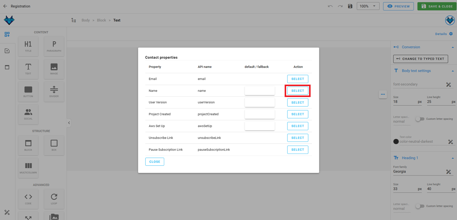Editing a text element - merge tag dialog opened.