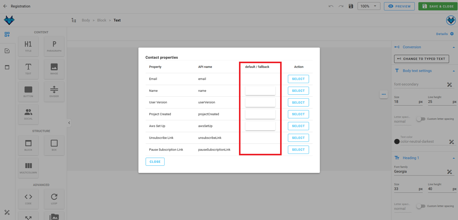 Editing a text element - merge tag dialog with default value.