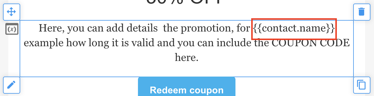 Editing a text element - merge tag inserted.