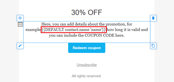 Editing a text element - merge tag inserted.