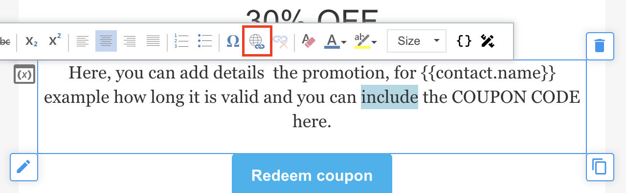 Editing a text element - link button highlighted.