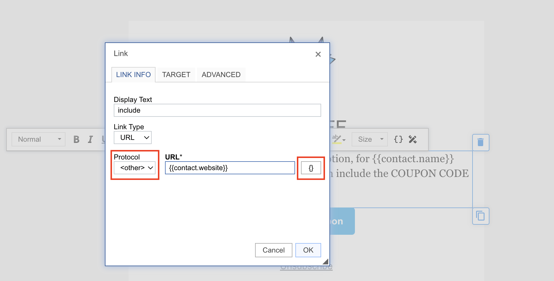 Editing a text element - link dialog opened.