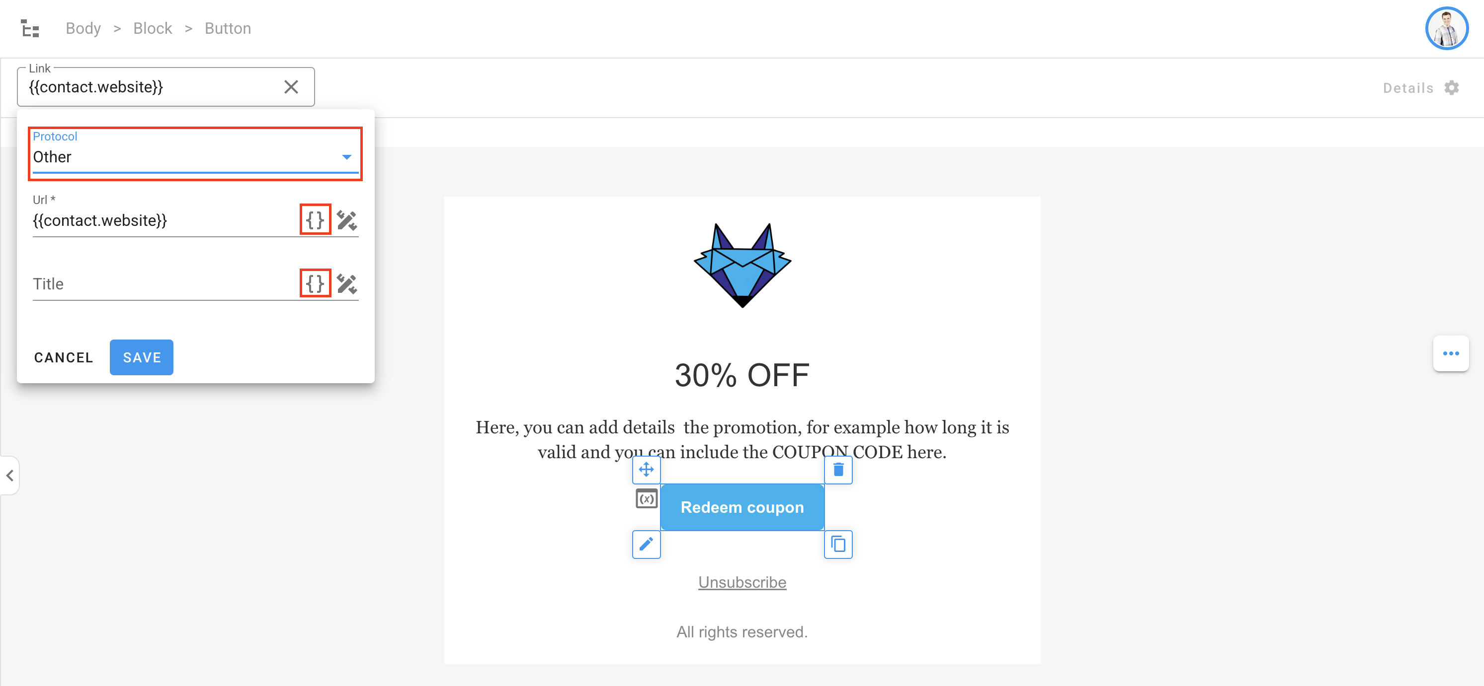 Editing a button element - link settings shown.