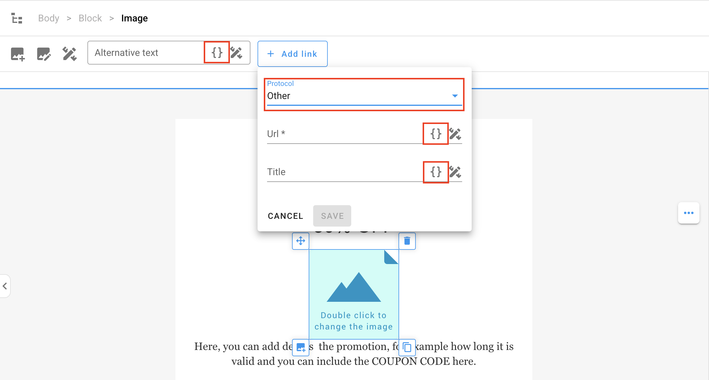 Editing an image element - possible merge tags shown.