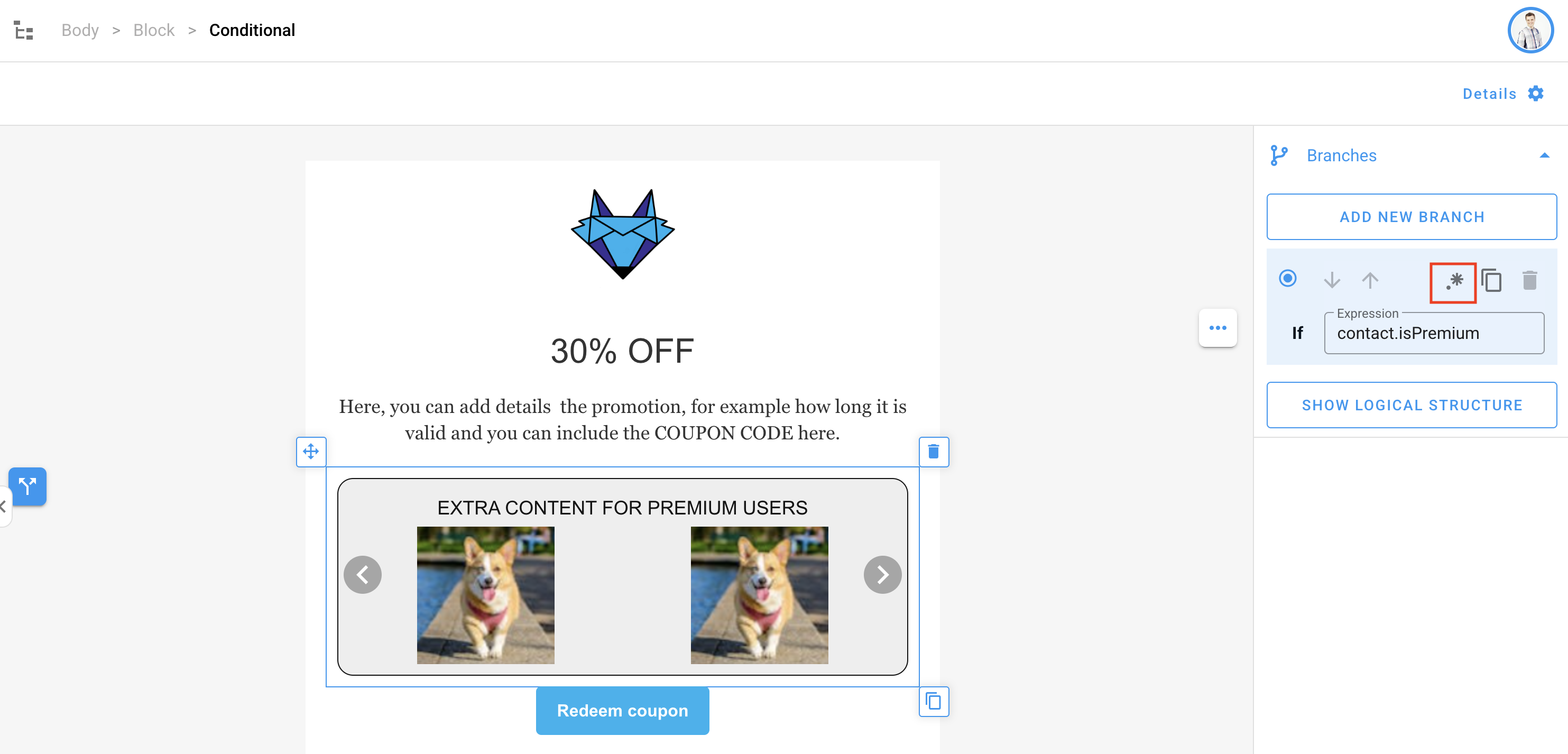 Editing a conditional - expression button highlighted.