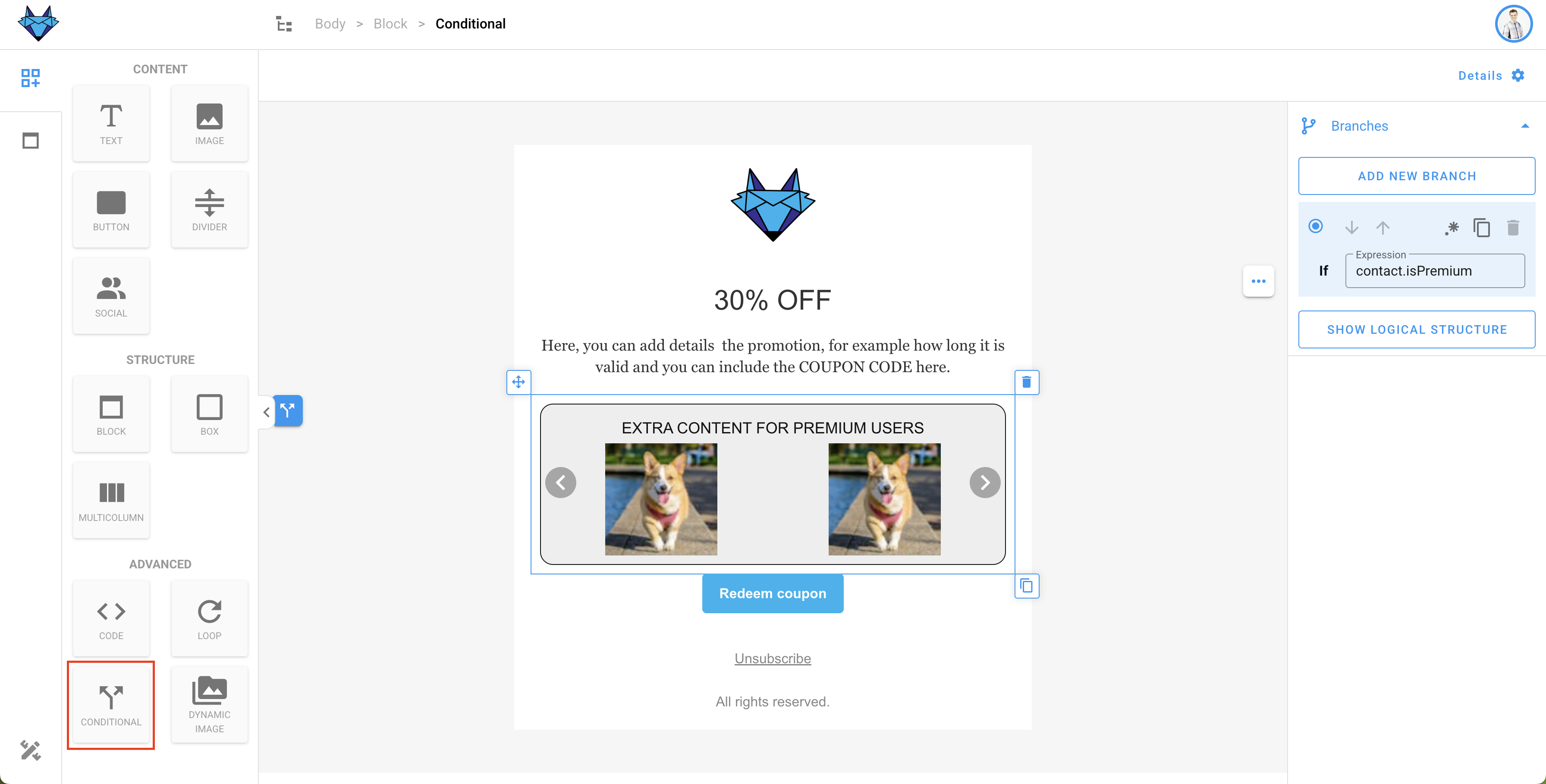 Editor - conditional drag icon highlighted.