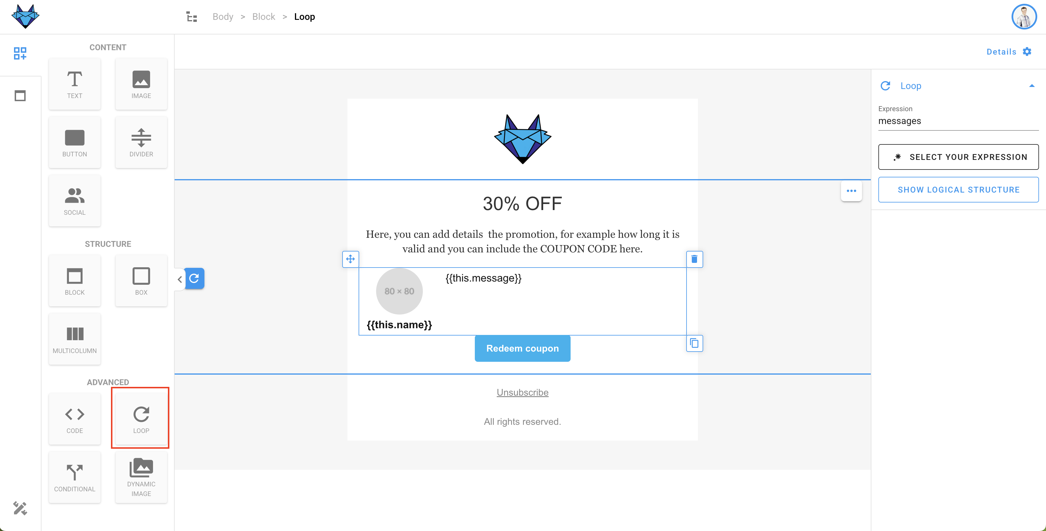 Editor - loop drag icon highlighted.