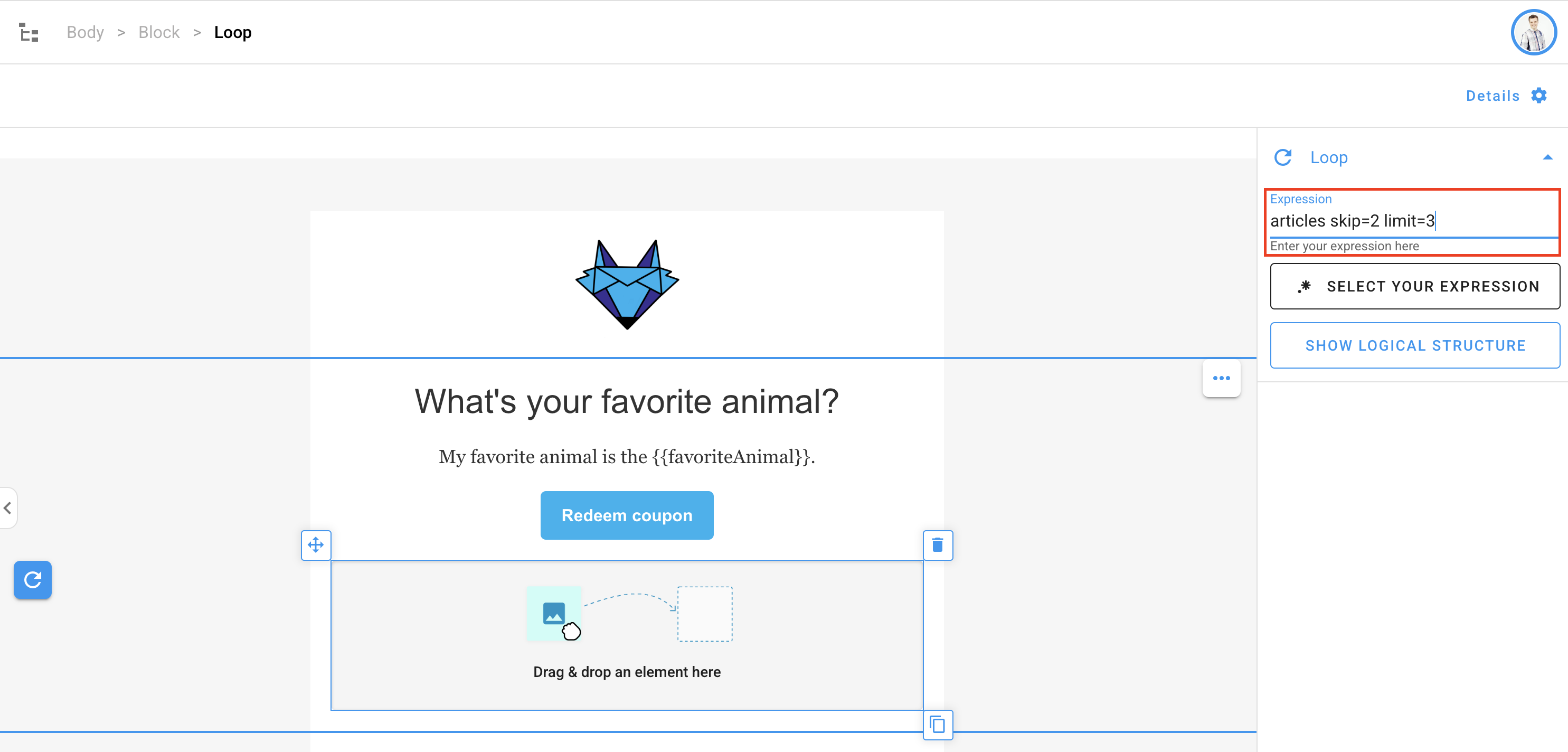 Editing a loop - expression with skip and limit.