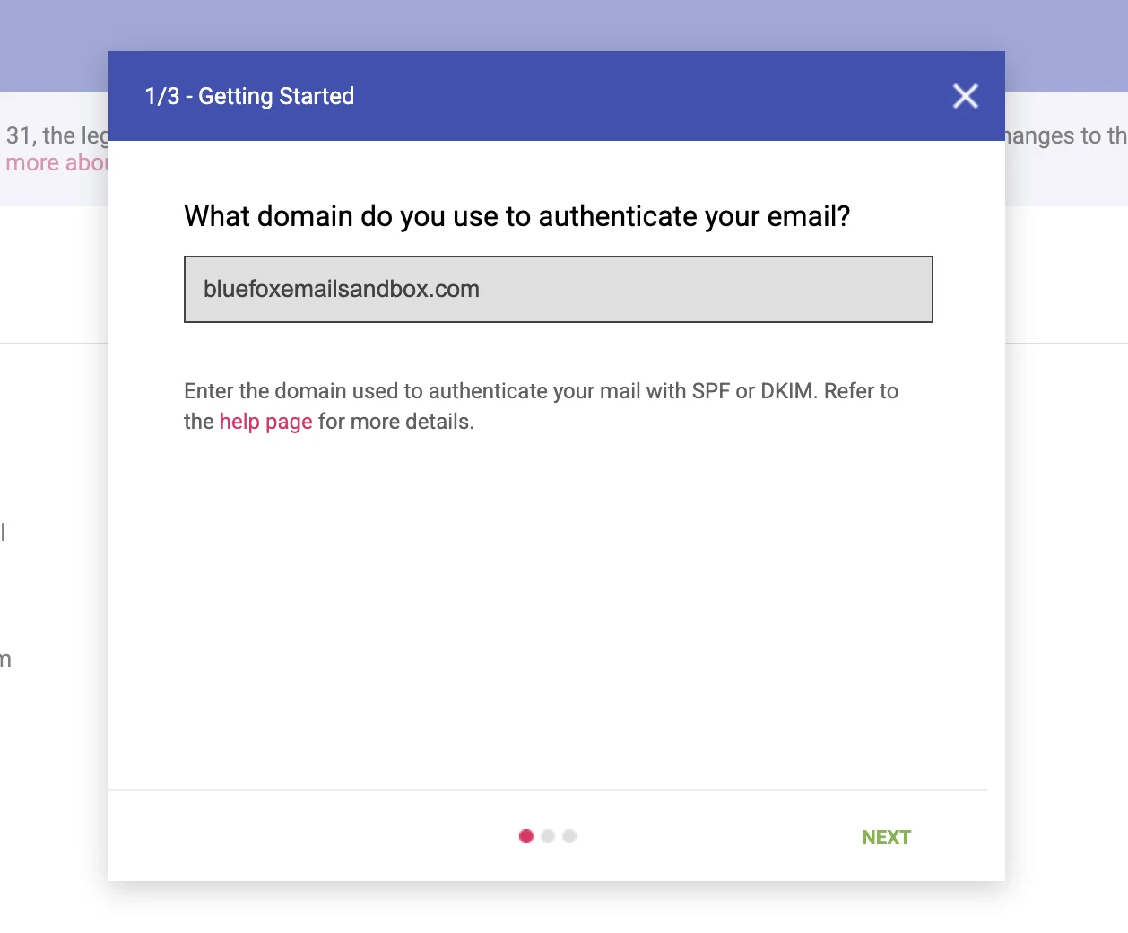 The domain entry window in Google Postmaster Tools, with an example sending domain