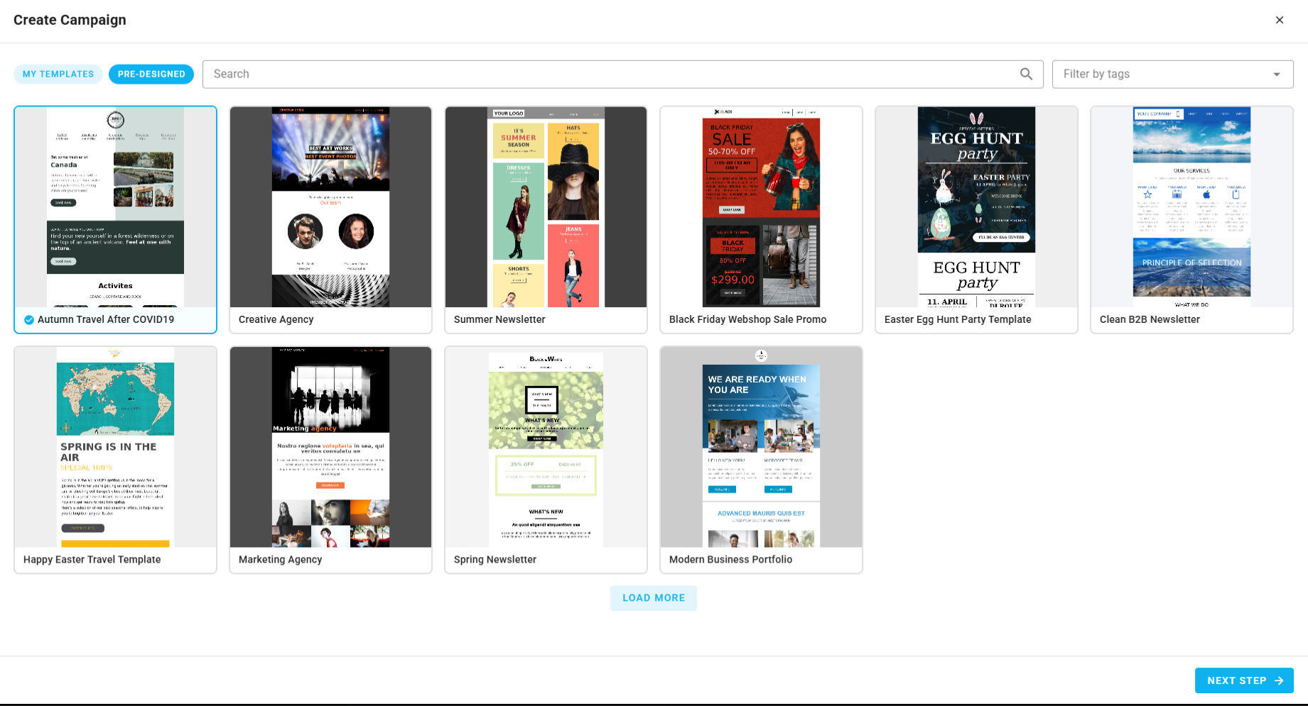 A screenshot of a project's campaigns - create: template selection.