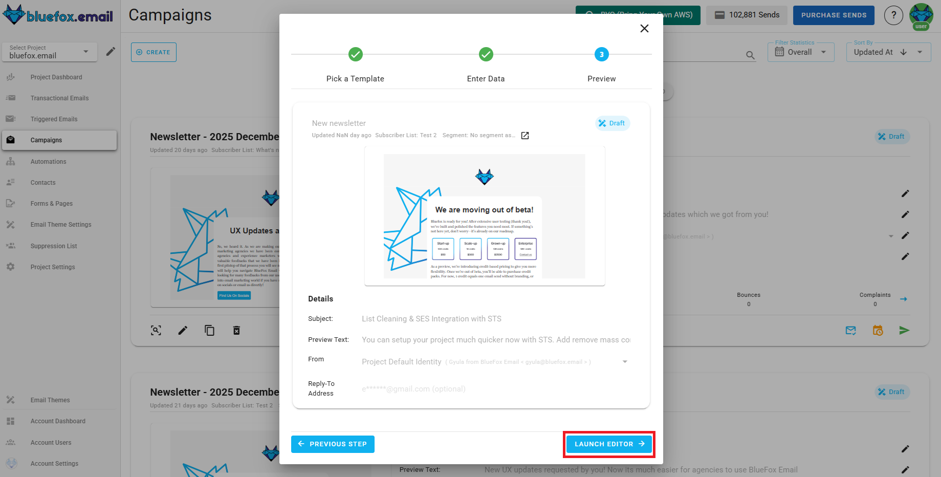 A screenshot of a project's triggered emails - create: summary.