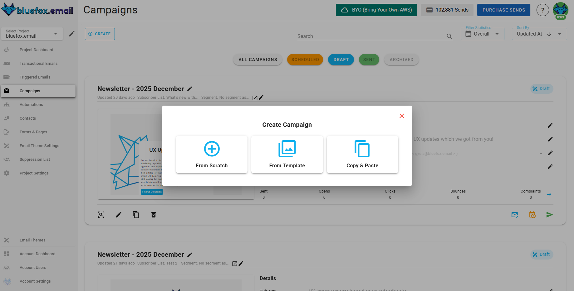 A screenshot of a project's Campaign emails - Copy and Past or Create from Scratch options .