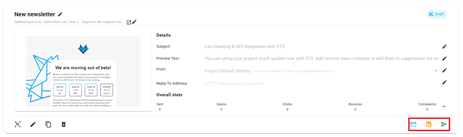 A screenshot of a campaign - schedule and send button highlighted.