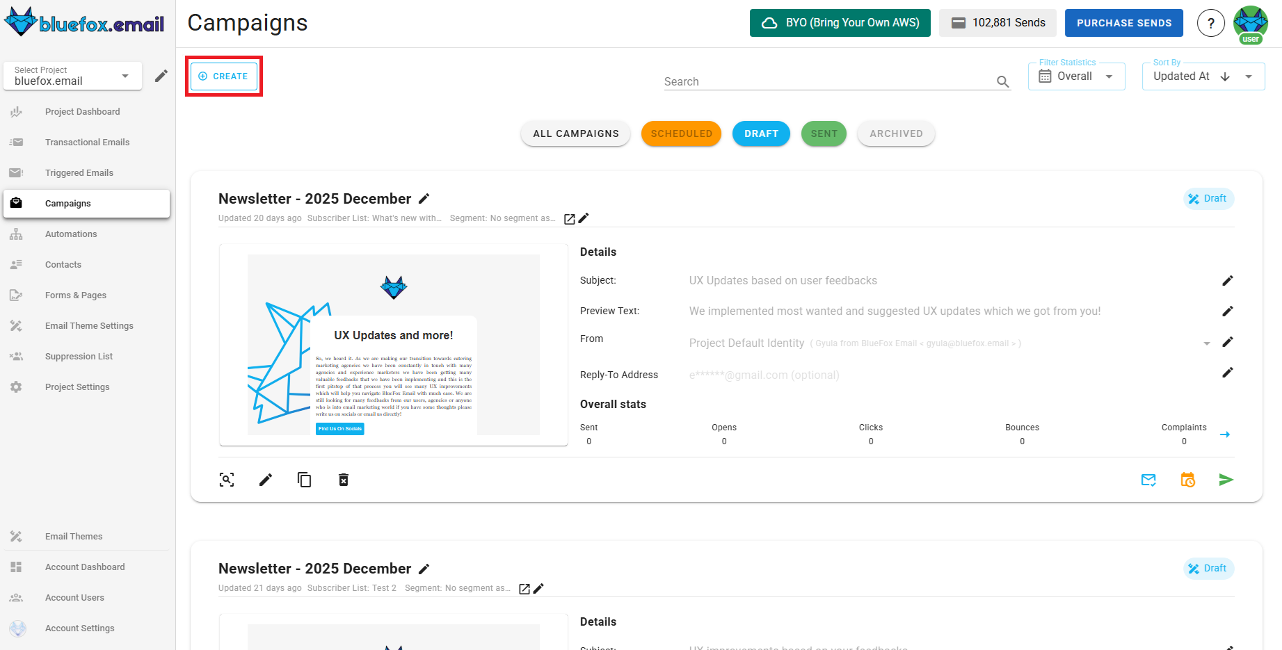 A screenshot of a project's campaigns - new button highlighted.