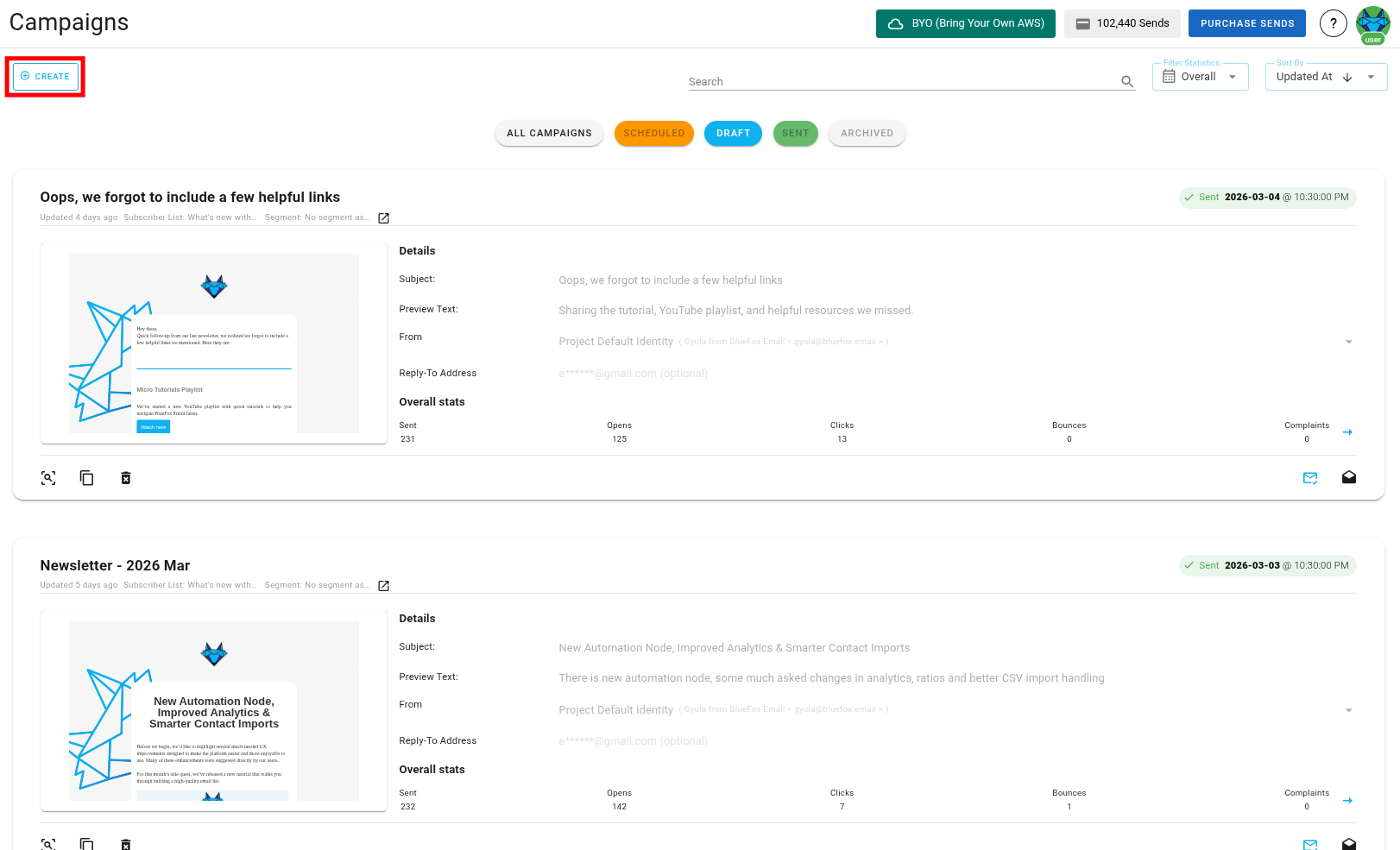 A screenshot of a project's campaigns - new button highlighted.