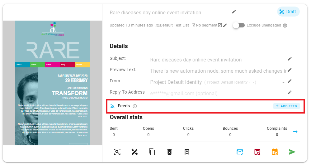 A screenshot of a campaign card with the Feeds section and Add Feed button highlighted.