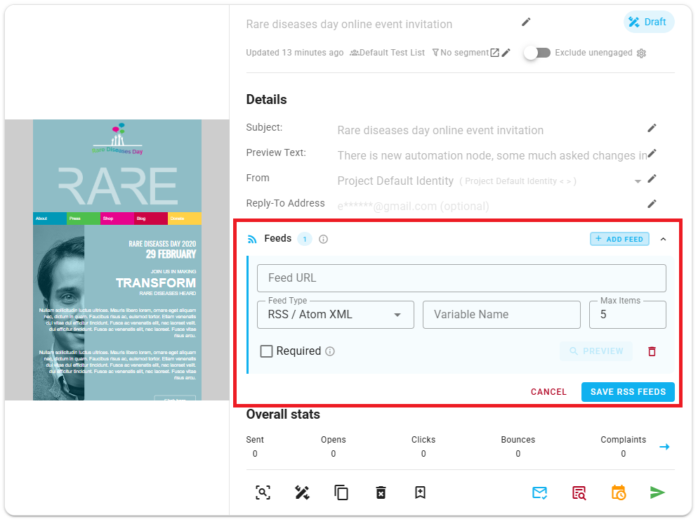A screenshot of the Add Feed form expanded on a campaign card.