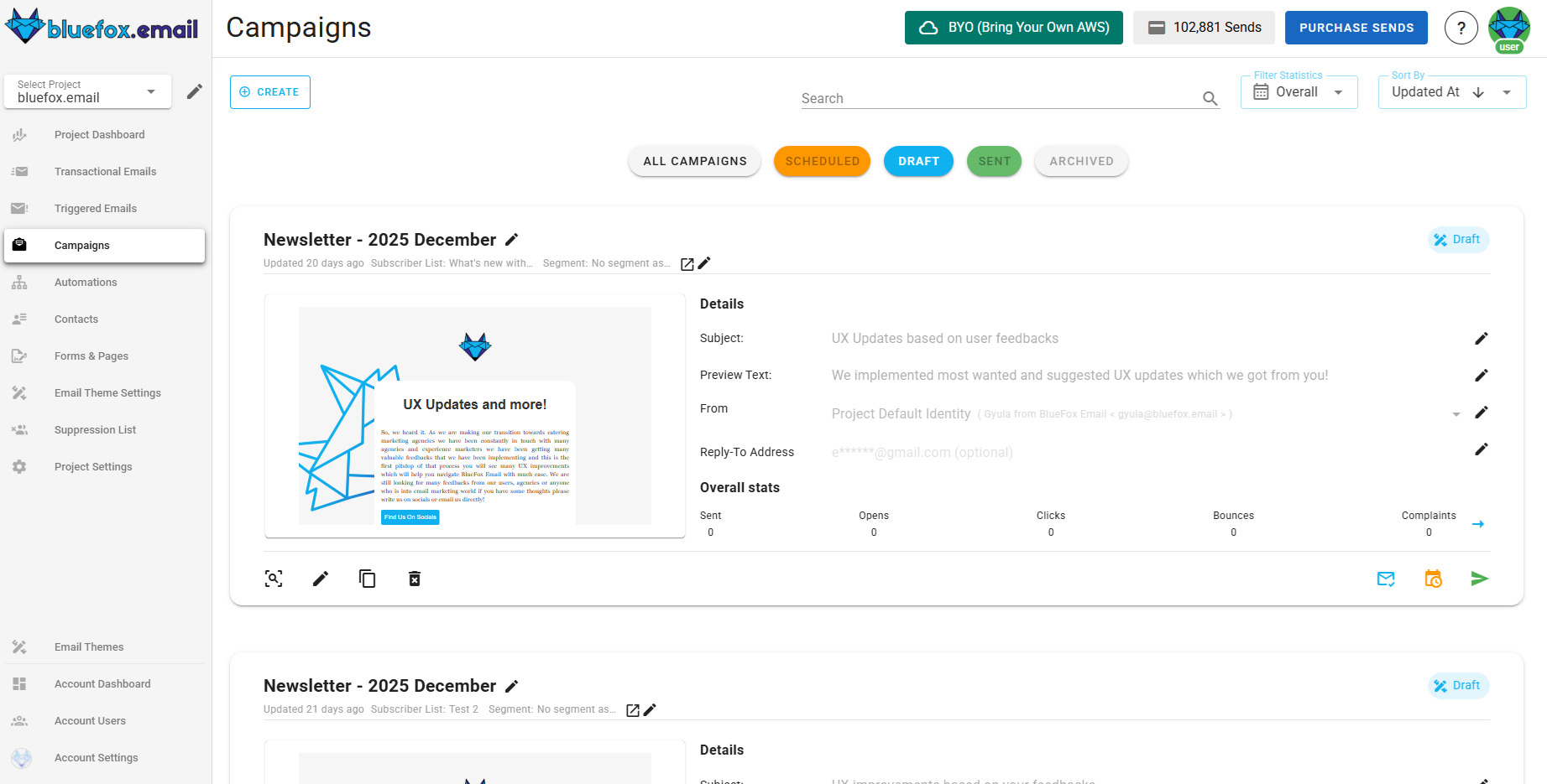 A screenshot of a project's campaigns.