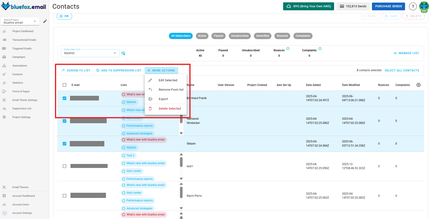 Screenshot of the subscriber lists page - bulk actions
