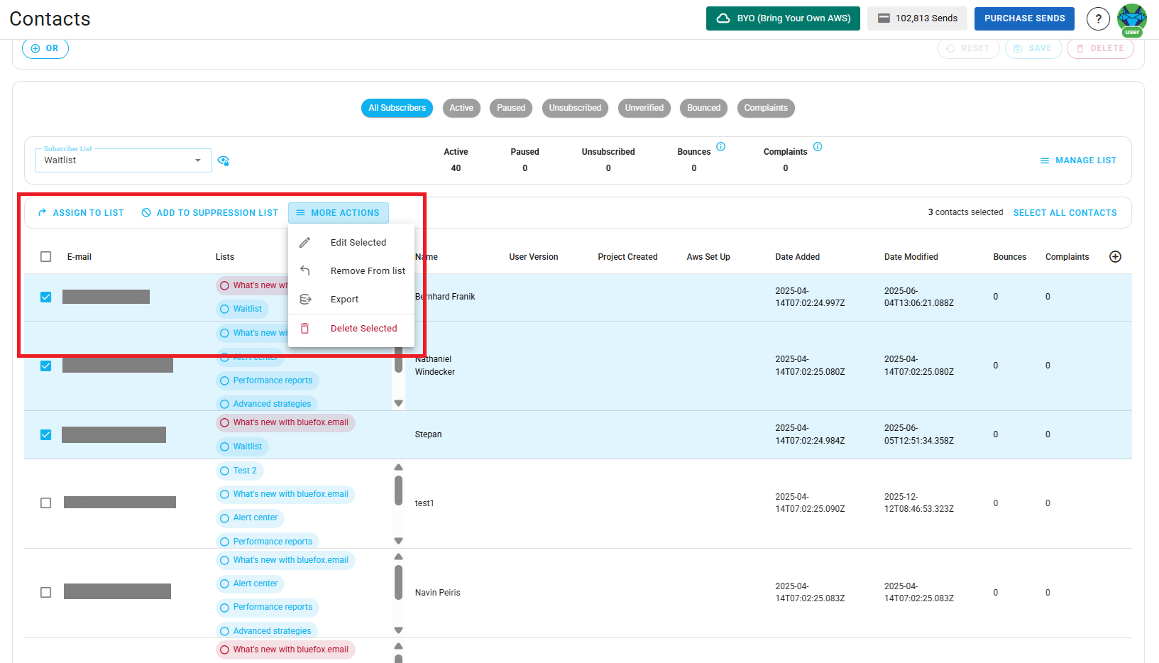 Screenshot of the subscriber lists page - bulk actions