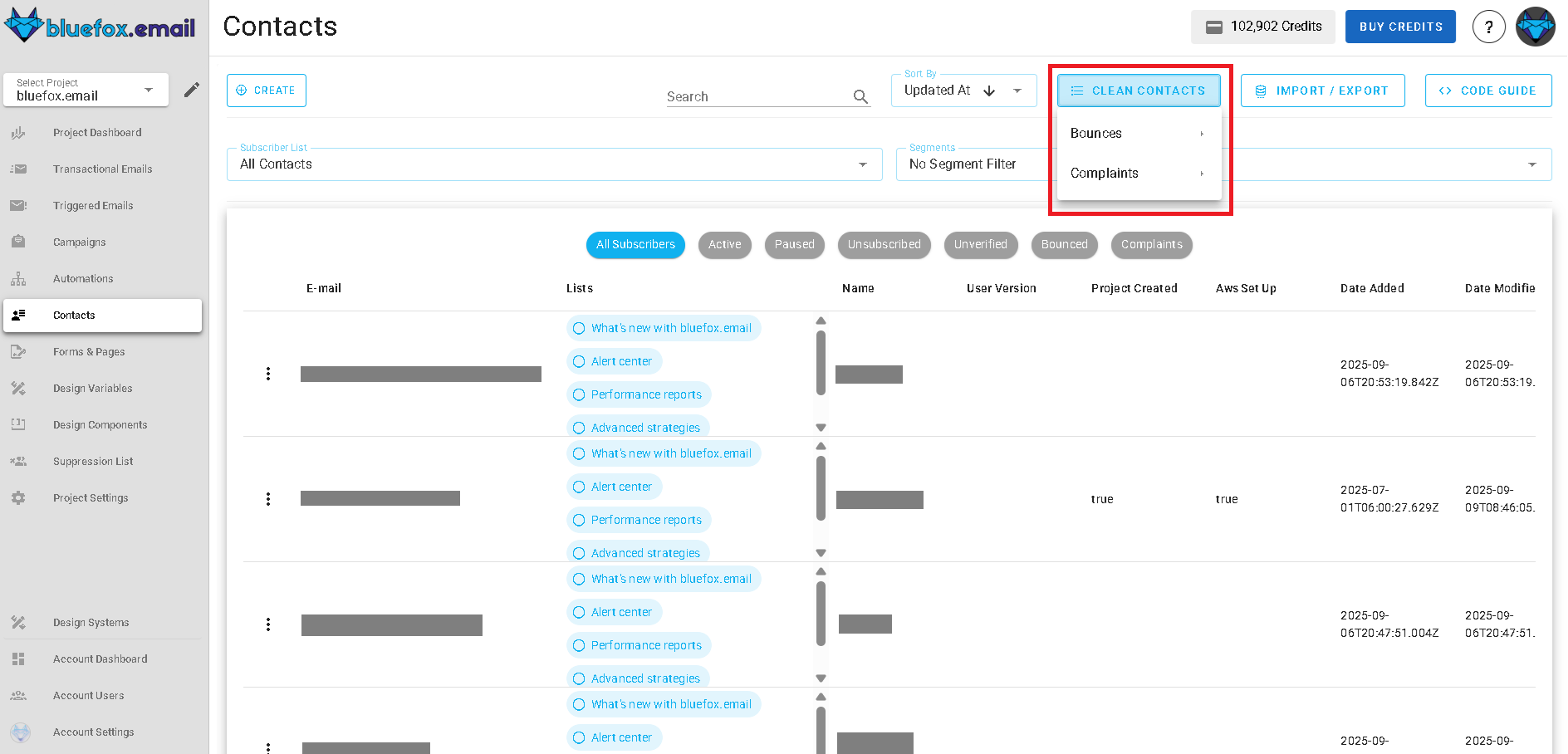 Screenshot of the subscriber lists page - clean list options